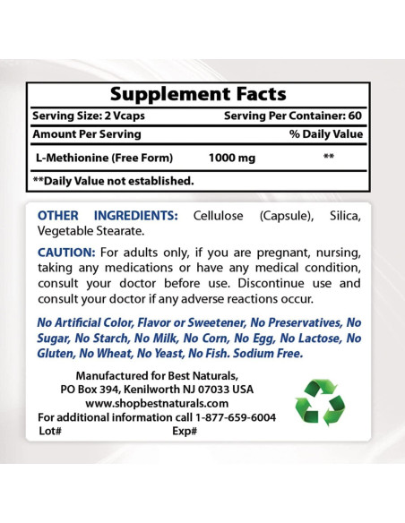 L-Metionina 500 mg Mejores Naturales 120 Cápsulas Vegetales