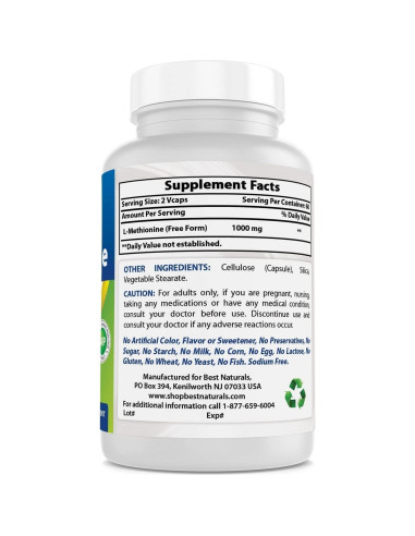 L-Metionina 500 mg Mejores Naturales 120 Cápsulas Vegetales