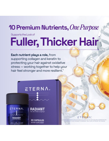Suplemento ETERNA RADIANT para Crecimiento Cabello 10 en 1 - Biotina, Colágeno, Queratina