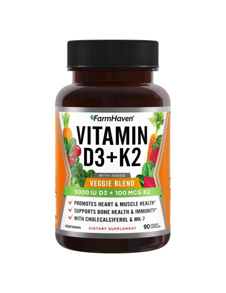 Cápsulas de Vitamina D3 K2 FarmHaven - 5000 UI D3 y 100 mcg K2 - 90 Cápsulas Vegetales