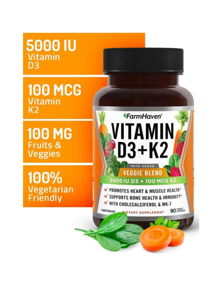 Cápsulas de Vitamina D3 K2 FarmHaven - 5000 UI D3 y 100 mcg K2 - 90 Cápsulas Vegetales
