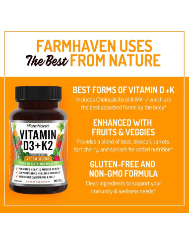 Cápsulas de Vitamina D3 K2 FarmHaven - 5000 UI D3 y 100 mcg K2 - 90 Cápsulas Vegetales