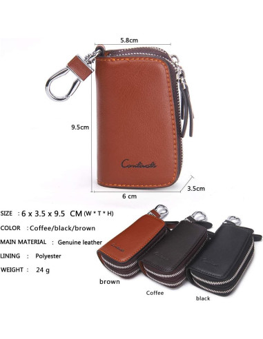 Funda de Llave de Coche CONTACTS de Cuero Marrón con Doble Cierre