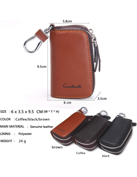 Funda de Llave de Coche CONTACTS de Cuero Marrón con Doble Cierre