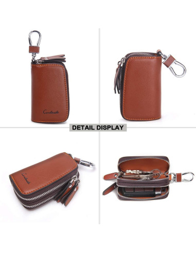 Funda de Llave de Coche CONTACTS de Cuero Marrón con Doble Cierre