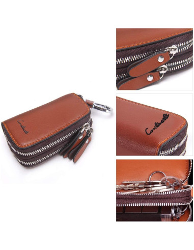 Funda de Llave de Coche CONTACTS de Cuero Marrón con Doble Cierre