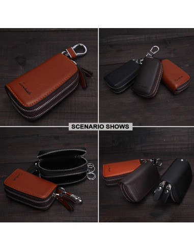 Funda de Llave de Coche CONTACTS de Cuero Marrón con Doble Cierre