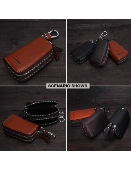 Funda de Llave de Coche CONTACTS de Cuero Marrón con Doble Cierre