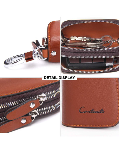 Funda de Llave de Coche CONTACTS de Cuero Marrón con Doble Cierre