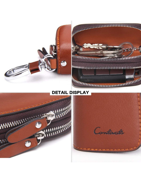 Funda de Llave de Coche CONTACTS de Cuero Marrón con Doble Cierre