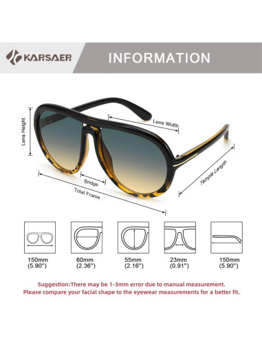 Gafas de sol aviador Karsaer unisex 60mm protección UV