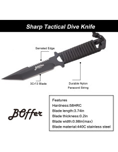Cuchillo de Buceo BOffer Negro 24 cm con 2 Fundas y Correas 2
