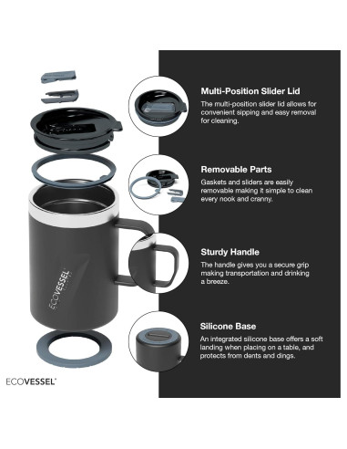 Taza de Viaje EcoVessel TRANSIT Acero Inoxidable 0.35L Negra