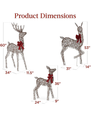 Conjunto Familiar de Ciervos Iluminados 3 Piezas 5 Pies LED