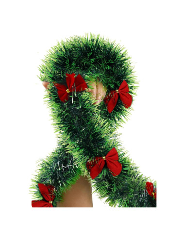 Guirnalda Navideña de Espumillón Verde Claro 9m con 27 Lazos Rojos