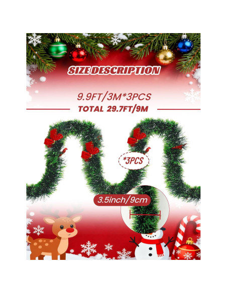 Guirnalda Navideña de Espumillón Verde Claro 9m con 27 Lazos Rojos