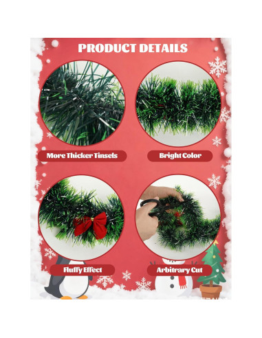 Guirnalda Navideña de Espumillón Verde Claro 9m con 27 Lazos Rojos