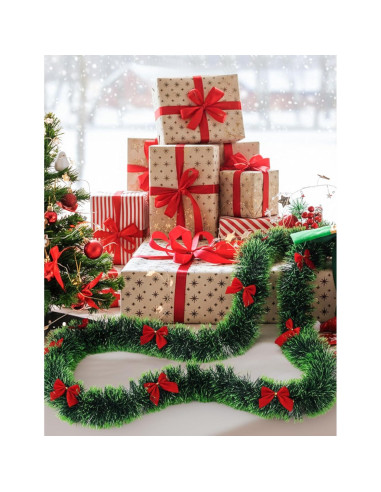 Guirnalda Navideña de Espumillón Verde Claro 9m con 27 Lazos Rojos