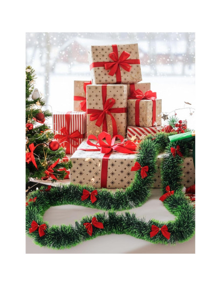 Guirnalda Navideña de Espumillón Verde Claro 9m con 27 Lazos Rojos