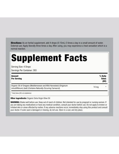 Aceite de Orégano Orgánico Piping Rock 59 ml - Suplemento Herbal
