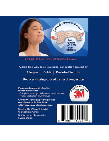 Tiras Nasales Breathe Right Fuerza Extra 44ct Alivio Congestión