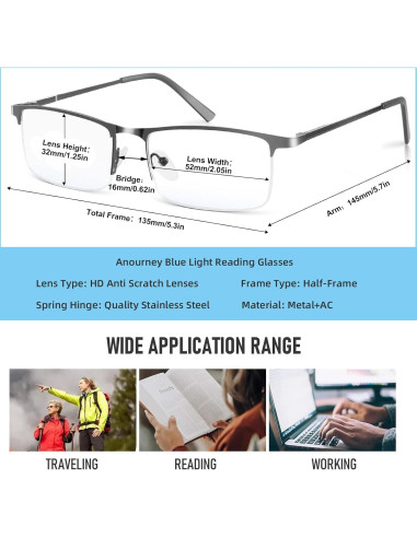 Gafas bloqueadoras de luz azul Anourney Metal 2 PCs UV400