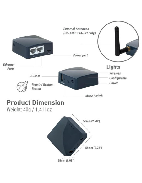 Enrutador Inalámbrico Portátil GL.iNet GL-AR300M16-Ext Mini