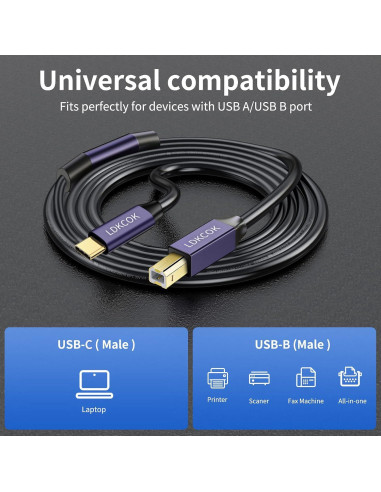 Cable de impresora USB B a USB C LDKCOK 9.14m Negro