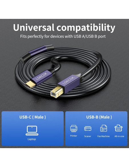 Cable de impresora USB B a USB C LDKCOK 9.14m Negro