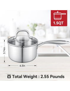Cacerola de Acero Inoxidable Buttermelt 1.5L con Tapa de Vidrio 2