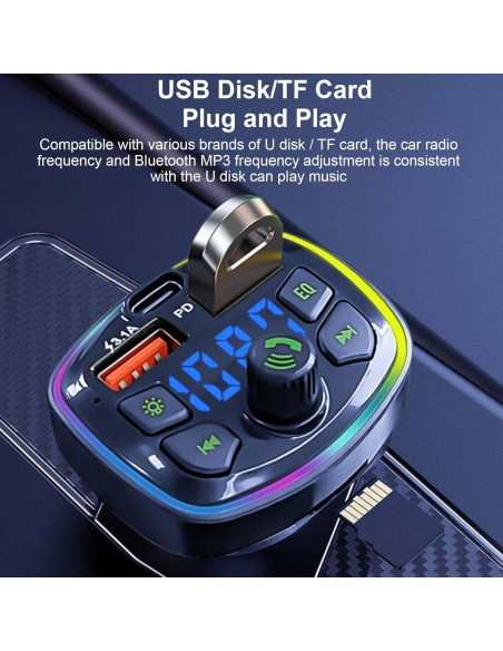 Transmisor Bluetooth FM VEESA 5.0 Carga Rápida 3.0 para Coche