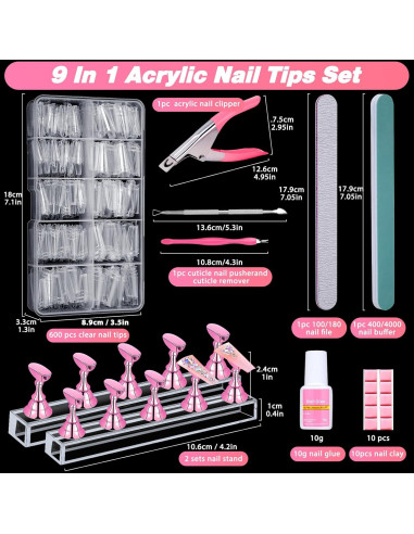 Juego de Tips de Uñas Coffin Transparentes Qinzave 600 Piezas