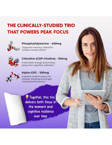 Suplemento Cognitivo PeakPury 150 Cápsulas - Fosfatidilserina, Citicolina, Alpha-GPC