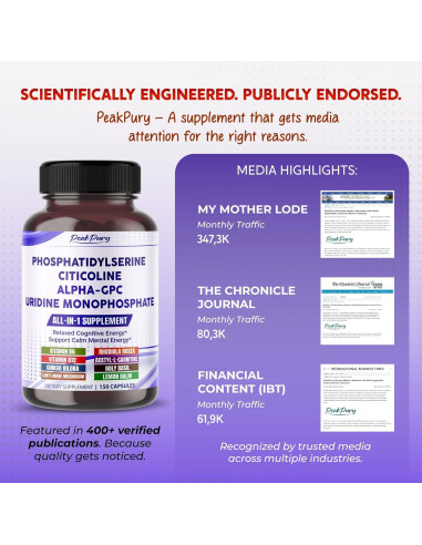 Suplemento Cognitivo PeakPury 150 Cápsulas - Fosfatidilserina, Citicolina, Alpha-GPC