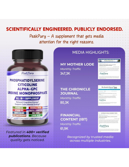 Suplemento Cognitivo PeakPury 150 Cápsulas - Fosfatidilserina, Citicolina, Alpha-GPC