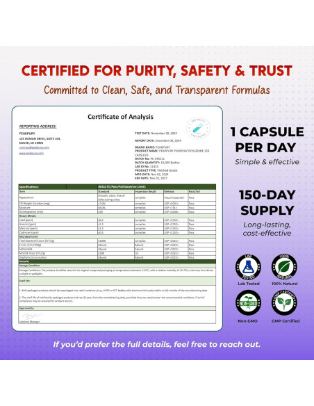 Suplemento Cognitivo PeakPury 150 Cápsulas - Fosfatidilserina, Citicolina, Alpha-GPC