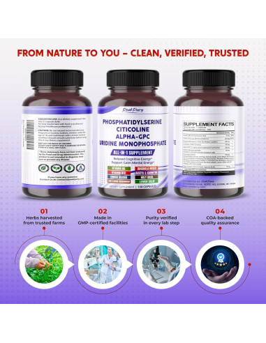 Suplemento Cognitivo PeakPury 150 Cápsulas - Fosfatidilserina, Citicolina, Alpha-GPC