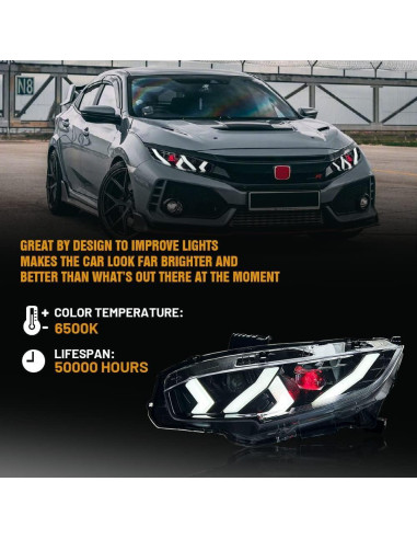 Faros LED COOLCMP para Honda Civic 2016-2021 con Animación Azul