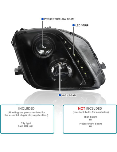 Faros Proyector Negro SPEC-D LHP-PL97JM-RS para Honda Prelude 1997-2001