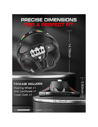 Volante TESFEEL de Fibra de Carbono 38.1cm con LED para Dodge