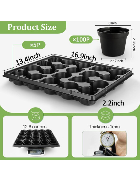 Macetas de Plástico 3 Pulgadas 100 Pcs + 5 Bandejas Drenaje
