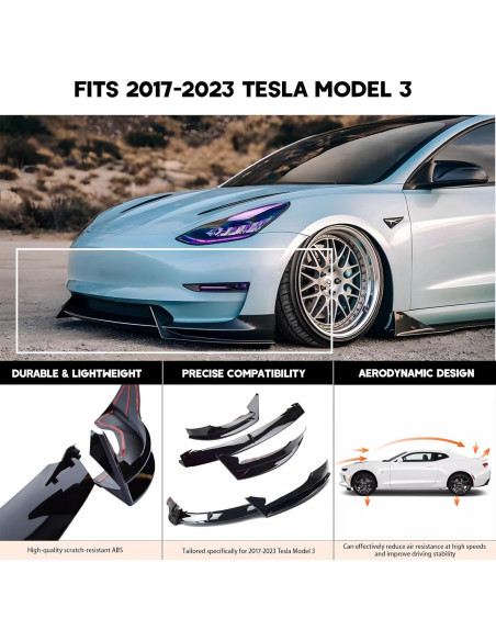 Divisor de Labio Frontal para Tesla Model 3 2017-2023 Negro Brillante