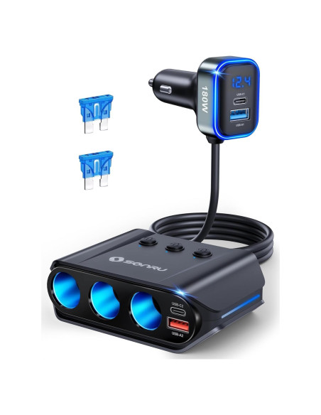 Divisor de Encendedor de Cigarrillos SONRU 180W 3 Tomas USB-C