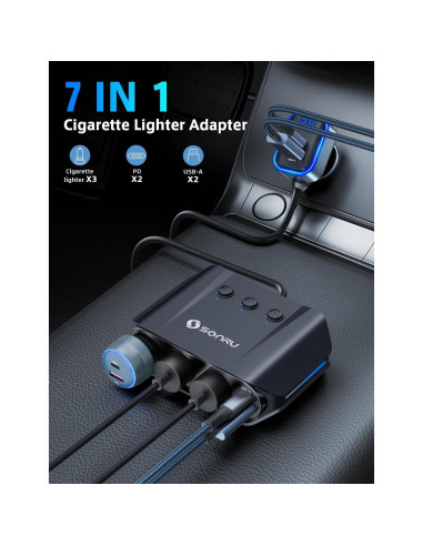 Divisor de Encendedor de Cigarrillos SONRU 180W 3 Tomas USB-C