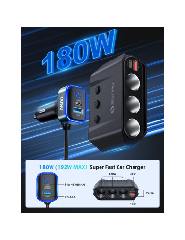 Divisor de Encendedor de Cigarrillos SONRU 180W 3 Tomas USB-C