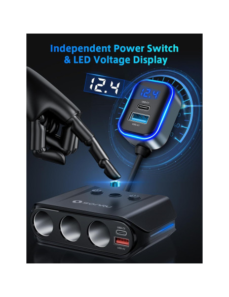 Divisor de Encendedor de Cigarrillos SONRU 180W 3 Tomas USB-C