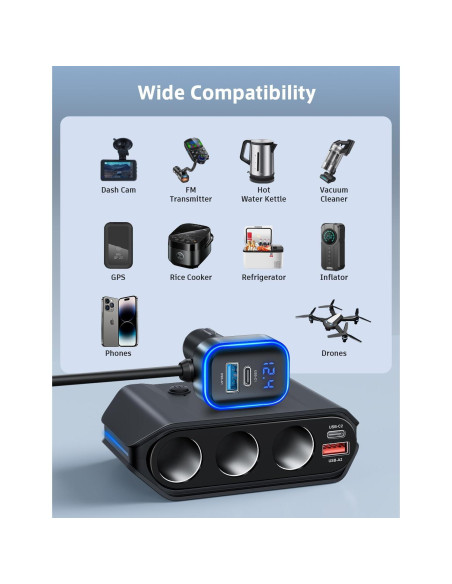 Divisor de Encendedor de Cigarrillos SONRU 180W 3 Tomas USB-C