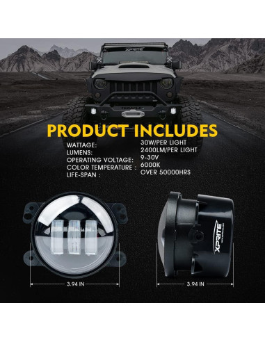 Luces de Niebla LED 4 Pulgadas Xprite 60W Jeep Wrangler 2007-2018