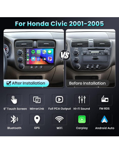 Estéreo de coche Podofo 9" con CarPlay y Android Auto para Honda Civic 2001-2005 2