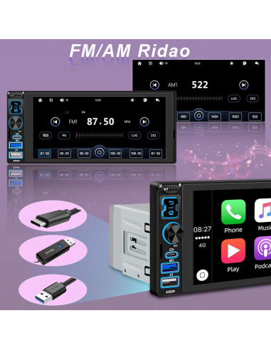 Estéreo de Coche Oeretzrac 1 DIN con Apple CarPlay y Android Auto